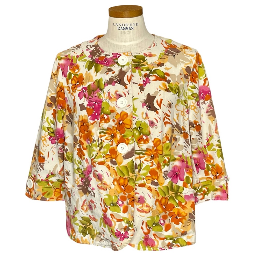 Southern Lady Cherry Rose Floral Swing Jacket 3/4 Sleeve Button up Cotton Sz14